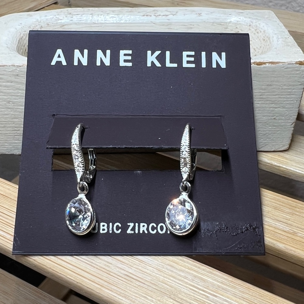 Anne Klein Silver Tone Cubic Zirconia Crystal Dangle Drop Pierced Earrings - Picture 5 of 6